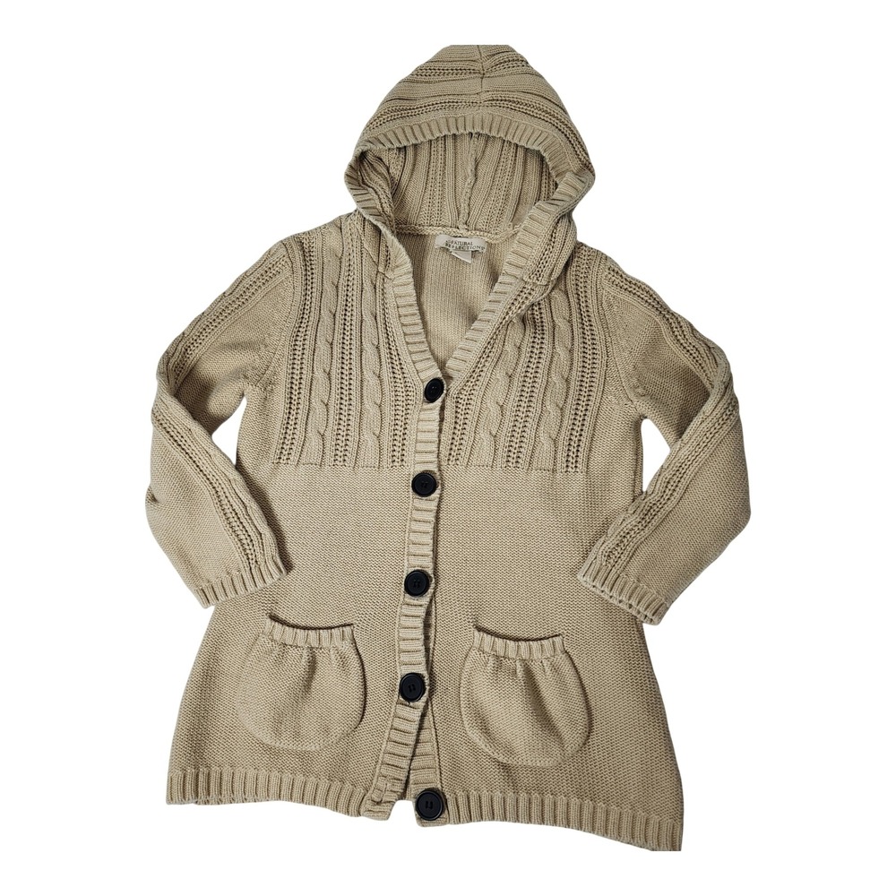 Natural Reflections Beige Cotton Cable Knit Hooded Cardigan Sweater Mens Medium